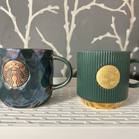 Starbucks Official 14oz Mermaid Scale Ceramic Mug Bronze Logo Gold Rim Coffee Water Cup Gift 400ml, Perfect Daily Use & Present