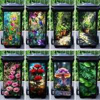 Plant Landscape Painting Trash Can Stickers Flower Mushroom Jungle Outdoor Trash Can Stickers PVC Waterproof Decorative Stickers