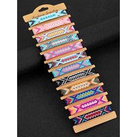 12-Piece Vintage Ethnic Woven Bracelet Set, Color-Block Geometric Adjustable Friendship Bracelets, Boho Vacation Style