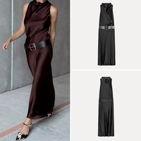Silk Satin Texture Midi Dress with Belt Autumn New Arrival Women's Fashion High Waist Pure Color Sleeveless round Neck Dress