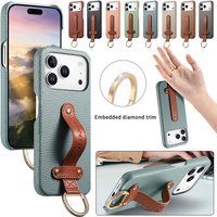 Wrist Strap Leather Phone Case For iPhone AIR 17 Pro Max 16 Plus 15 14 13 12 11 X XS Lychee Pattern Ring Holder Back Cover Coque