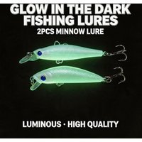 2Pcs/Set Glow in The Dark Fishing Lures Minnow Hard Bait Night Luminous Crankbait 3D Eyes High Carbon Hooks for Bass Trout Pike