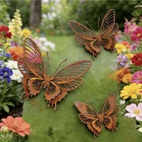 Vintage 3Pc Rust Metal Butterfly Sculpture - Old Style Garden Art for Courtyard, Terrace. Unique Gift for Insect Lovers.