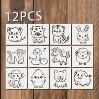 12PCS 3.9 X 3.9 in Cute Animal Stencils Set Reusable Painting Templates for DIY Journal Wall Wood Fabric Crafts Cozy Animal Art