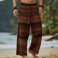 Men's 3D Geometric Ethnic Casual Pants, Baggy Mid Waist Boho Vintage, Elastic Drawstring Waist, Spring Summer