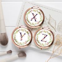 Rose gold double-sided makeup mirror, personalized first letter flower pattern folding makeup mirror, portable pocket mirror