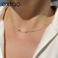 OXTAO Mini Four-Leaf Charm Necklace for Women 14K Gold Filled D VVS1 3mm Moissanite Flower Clover Necklace Luxury Jewelry Gift