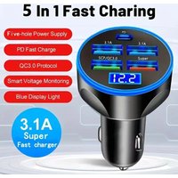 5 Port Car Phone Charger Adapter PD + QC 3.0 Fast Charging 4 Ports USB Car Charger Type C PD35W Car Charger with Digital Display