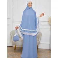Ramadan Khimar Abaya Muslim Women Prayer Garment Dubai Saudi Prayer Dress Lace Trim Silky 2 Piece Skirt Sets Eid Niqab jilbab