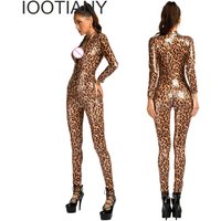 IOOTIANY Sexy Leopard Bodysuit Look Faux Leather Catsuit Hot Women Zipper Open Crotch Jumpsuit Sex Holiday Party Costumes