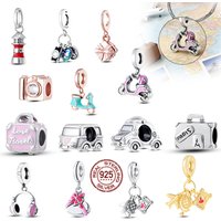 Travel Charms For Original Bracelets 925 Silver Plated Lighthouse Camera Scooter Suitcase Beads for Jewelry Making DIY Gifts.