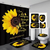 4-teiliges Blumen-Duschvorhang-Set mit rutschfesten Teppichen, WC-Deckel-Abdeckung und Badematte, schwarzer Duschvorhang, wasserdichte Badezimmer-Dekoration