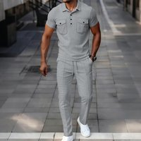 Summer New Men's Waffle Casual Tracksuit, Lapel Collar Double Pocket Solid Polo Shirt and Long Pants Set