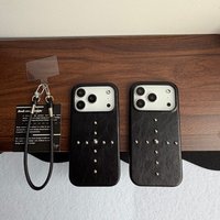 Luxury Metal Rivet Cross Black Faux Leather With Lanyard Shockproof Protective Phone Cover Case for iPhone 17 16 15 14 Pro Max