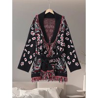 Tassel Knitted Jacquard Lace Up Cardigans Women Loose V-neck Long Sleeve Thick Lady Sweater 2025 Autumn Winter Lady Knitwear