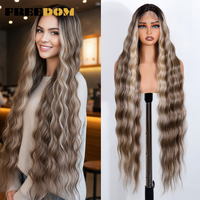 FREEDOM Synthetic Lace Front Wigs For Black Women 36 Inch Long Deep Body Wavy Lace Wig Ombre Brown Blonde White Cosplay Wig