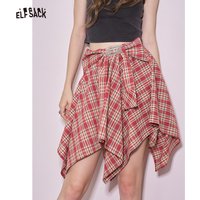 ELFSACK Y2K Red Checkered Skirt with Bow Tie Detail, Cute Plaid Asymmetrical Mini Skirt for Women, Kawaii Summer Skirt