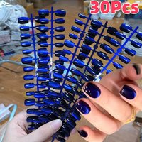 30Pcs Glossy Blue Red Cat Eye Fake Nails Short Square False Nails Full Cover Cat's Eeys Press On Nails for Festival Manicure TD