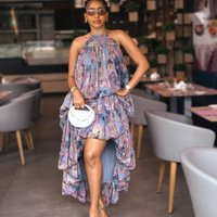 New 2026 Elegant Summer Fashion Floral Print Sleeveless Halter Asymmetric Hem Long Women Dress