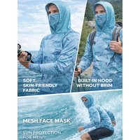 Menโs Hooded Fishing Shirt Lightweight Quick Dry Sun Protection UV Blocking Performance Apparel with 3D Bass Fish Print Design