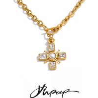 Yhpup Stainless Steel Pearl Cubic Zirconia Cross Classic Necklace Pendant Hot Style Delicate Stylish Chic Jewelry