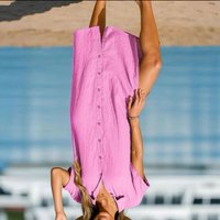 Shirt Style Button Front Cotton Blend Dress Beach Outing Lapel Collar Short Sleeve Side Slit Midi Dress Vacation Sundress