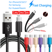 1m/2m/3m Braided USB-A Type C Fast Charging Data Cable Mobile Phone For iPhone 15/16/17 Samsung Xiaomi Huawei USB-C Cord Line