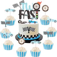 Blue Race Car 2nd Birthday Cake Topper with Cupcake Toppers Double Sided,Let's Go Racing Flag 2nd Birthday Party Supplies