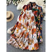 Vintage Floral Print Pleated Maxi Skirt for Tall Women, High Waist A-Line Flowy Draped Swing Hem, Commuter Vacation Elegant