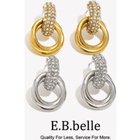 E.B. belle White Zircon Double Ring Stud Earring Basic Stainless Steel Jewelry For Women Girls Party Daily Life Waterproof