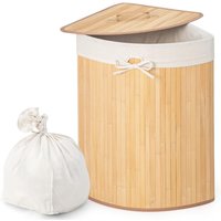 Corner Laundry Hamper with Lid, Bamboo Laundry Basket with Removable Liner & Handle, Triangle Clothes Hamper for Small Spaces
