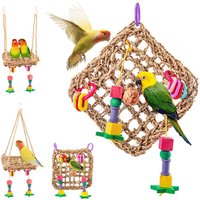 Natural Woven Grass Parrot Climbing Net Chewable Blocks Hanging Toy for Cockatiels Lovebirds Budgies Cage Molar Stress Relief