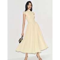 Reformation Short Sleeve Dress Elegant Wind Slim Fit Stand Collar Pleated Long Skirt Large Hemline French Style Casual Wear