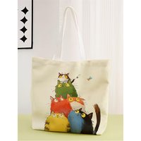 1pc,cartoon stacked cat handbag, reusable fashionable handbag, multifunctional handbag, printed canvas shopping bag