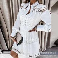 Fashion Womens Dress New 2023 White Hollow Pattern Spliced Long Sleeve Shirt Dresses for Women