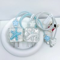 Korean Cute 3D Crystal Star USB Cable Protector Cover For iPhone 18W-20W Data Line Bite Head Cord Flower Fast Charging Case