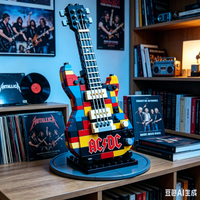 AC/DC Rock Band Electric Guitar Building Blocks Model With Vinyl Record Display Base Classic Hard Rock Collectible Decor Gift