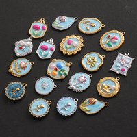 10pcs Retro Bohemia Blue Enamel Flower Pendant High Quality Stainless Steel Round Oval Gold Color Pendants DIY Necklace Earring