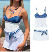 Summer Women Striped Patchwork Sets Camisole+Asymmetry Mini Skirt Two Pieces Suits Female Elegant Outfits Lady Chic Streetwear