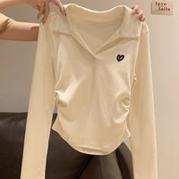 Spring and Autumn Large Size Women's Clothing New Solid Color Girl's Style Pleated Waist Slim Fit Lapel Long Sleeve T-Shirt