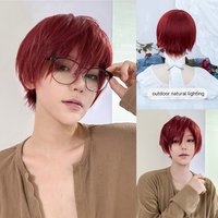 8Inch Wine Red Color Handsome Synthetic Wigs With Bangs Short Straight Hair For Man or Women Daily Use Cosplay Heat Resistant