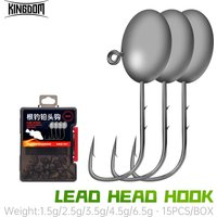 Kingdom 15pcs Lead Head Hook Fishing Hooks 1.5g 2.5g 3.5g 4.5g 6.5g Stainless Steel Anti-drop Barb Hooks Soft Worm Fishhooks