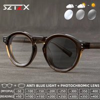 SZTZX Retro Currents Everyday Wear Photochromic Anti Blue Light Myopia Glasses Round Progressive Prescription Reading Glasses