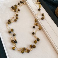 Maillard Multi-layer Tiger's Eye Stone Necklaces for Women Retro Stackable Glass Bead Sweater Neck Chain Charms Jewelry Gifts K1