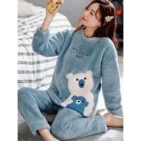 Thickened Warm Sleepwear for Winter Flannel Fall and Winter Plus Size Pajamas Long Sleeve Blue Cartoon Bear Student Loungewear