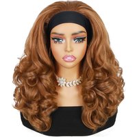 16inch Ombre Brown Kinky Curly Headband Wig, Fluffy Synthetic Turban Wig, Natural Curly Scarf Wig Daily Party