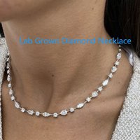 Real 14k Gold Tennis Womens Necklace Pear Round & Marquise Cut HPHT DEF VS-VVS Lab Created Diamond 8.7Ctw Half Diamond Necklace