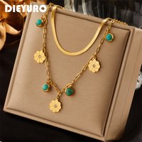 DIEYURO 316L Stainless Steel 2 Layer Green Stone Flower Pendant Necklace For Women Fashion Ladies Chain Jewelry Girls Bijoux