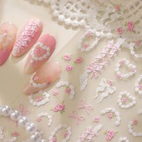 5D Pink White Rose Nail Stickers Lace Pearl Ring Bandage Bow Self-adhesive Nail Art Decals Sweet Wedding Manicure Accessories