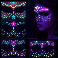 8pcs Neon UV Fluorescent Face Tattoo Stickers Waterproof Temporary Fake Tattoos Wedding Birthday Night Club Bar KTV Party Decor
